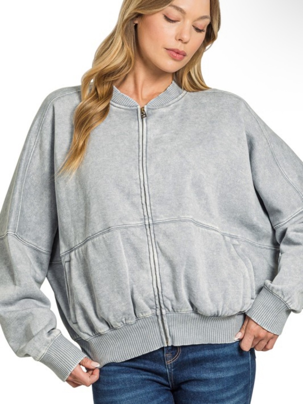 Restocked‼️Zenana Sleet Acid Wash Fleece Jacket/Wide Leg Palazzo Sweat Set - Picture 3 of 4